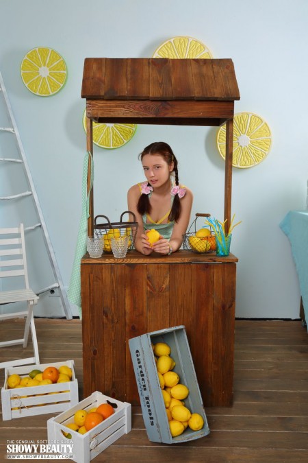 Young redhead Kim strips naked at her lemonade stand to drum up business