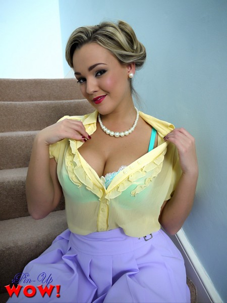 Jodie Gasson Pinup model  flashes her tits while modeling panties and garters